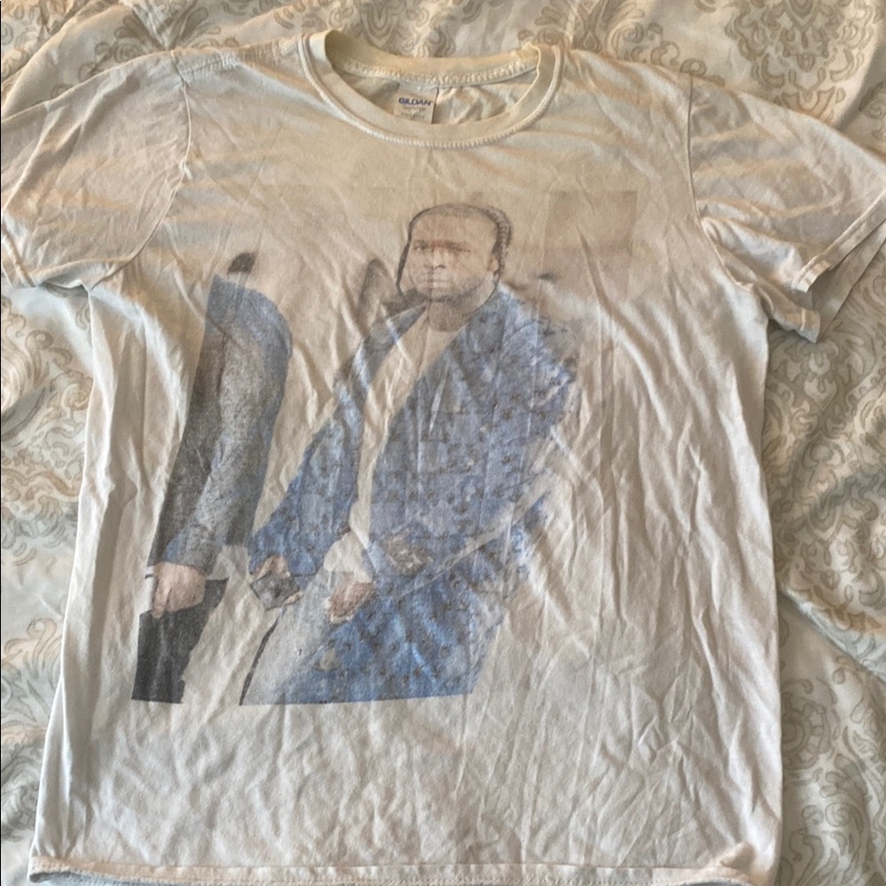 Gildan White and Blue Short Sleeve Tee with Graphic Design